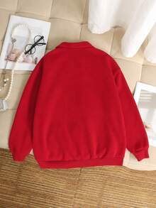 SHEIN 女童休閒基礎款半拉鍊高領精緻蝴蝶結刺繡花卉灰色保暖內裡加厚套頭衛衣 秋冬款 - 紅色 - 查看 3