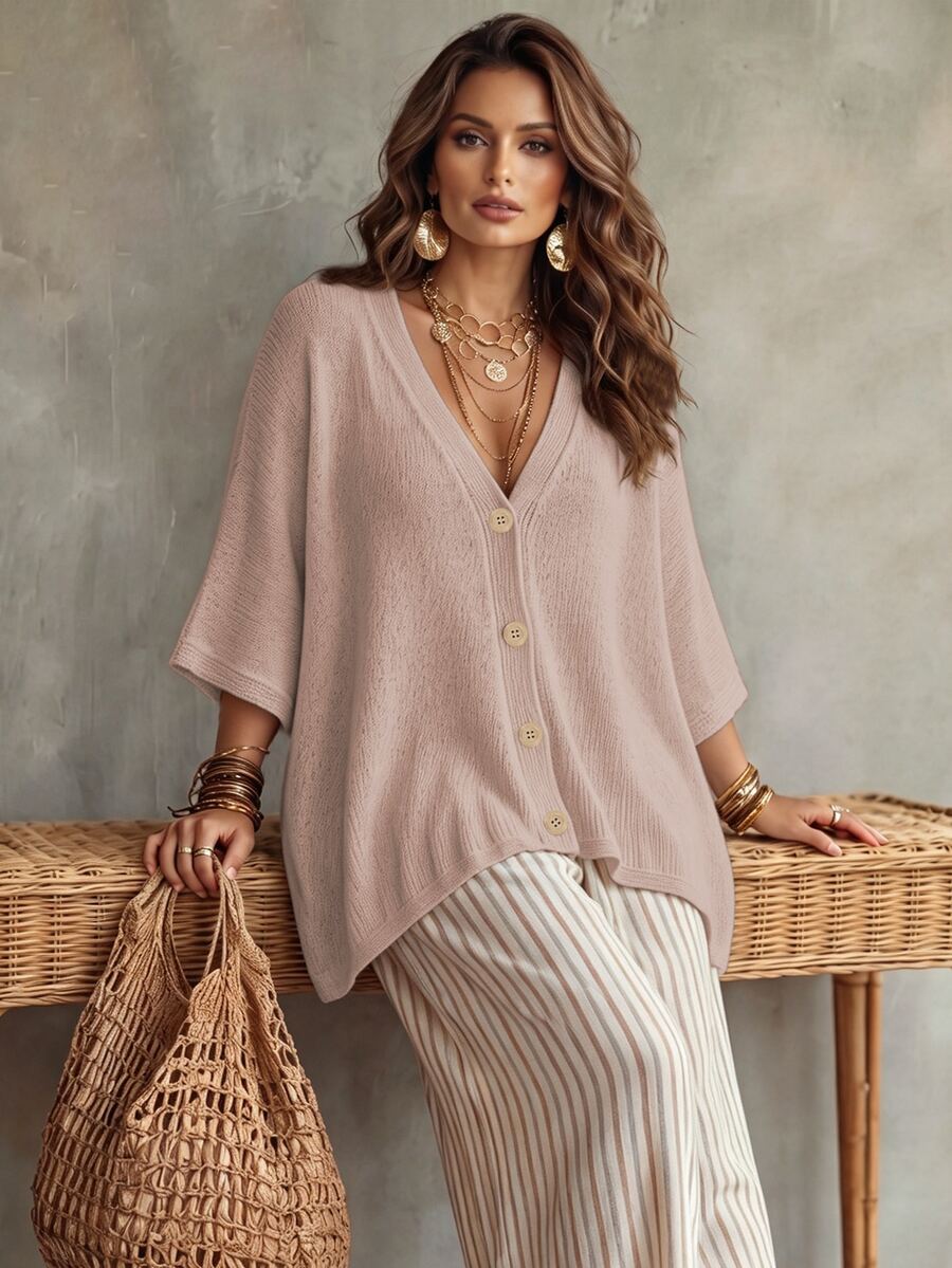 Linhara CURVE Plus Size Women Solid Color Knit Shawl Cardigan V-Neck Metal Buttons Daily Casual Alternative Office Formal Vacation Light Purple Autumn Winter - Dusty Pink - View 1