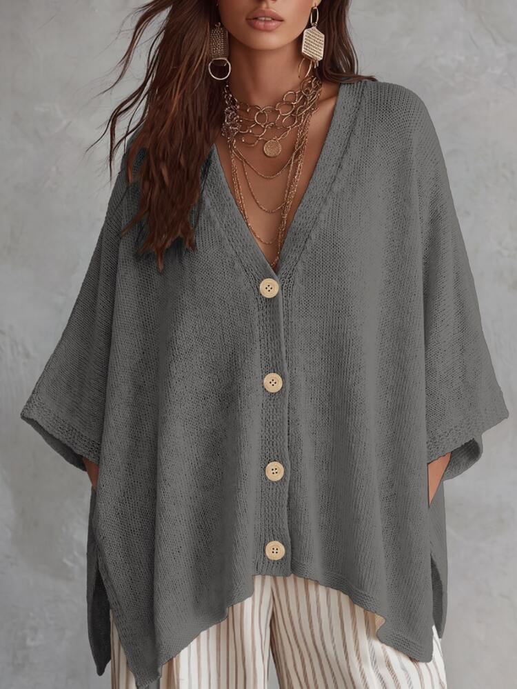 Linhara CURVE Plus Size Women Solid Color Knit Shawl Cardigan V-Neck Metal Buttons Suitable For Daily Casual Office Vacation Plus Size Women Cardigan Winter - Grey - View 7