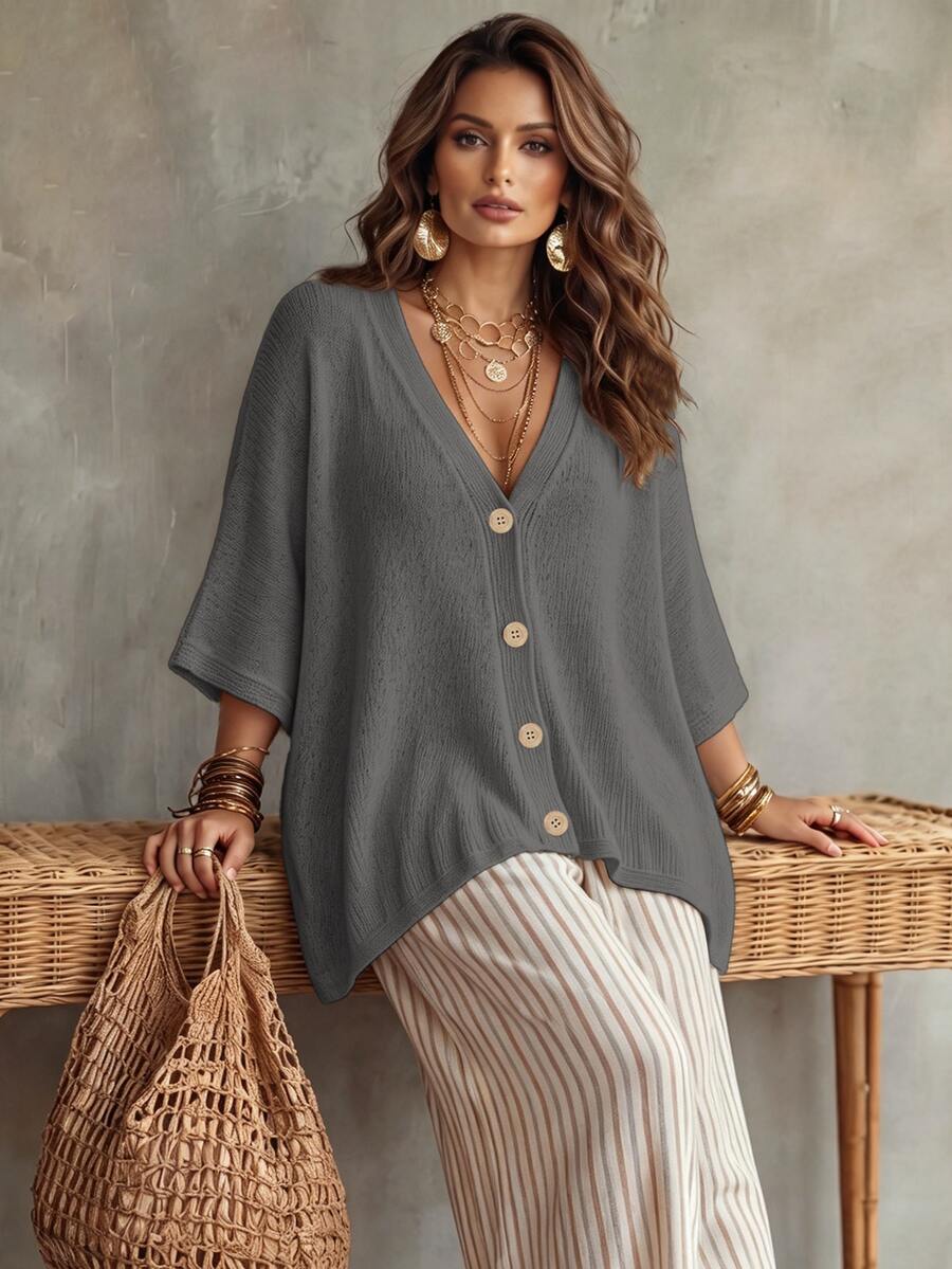 Linhara CURVE Plus Size Women Solid Color Knit Shawl Cardigan V-Neck Metal Buttons Suitable For Daily Casual Bohemian Office Evening Vacation Fall Grey - Grey - View 1