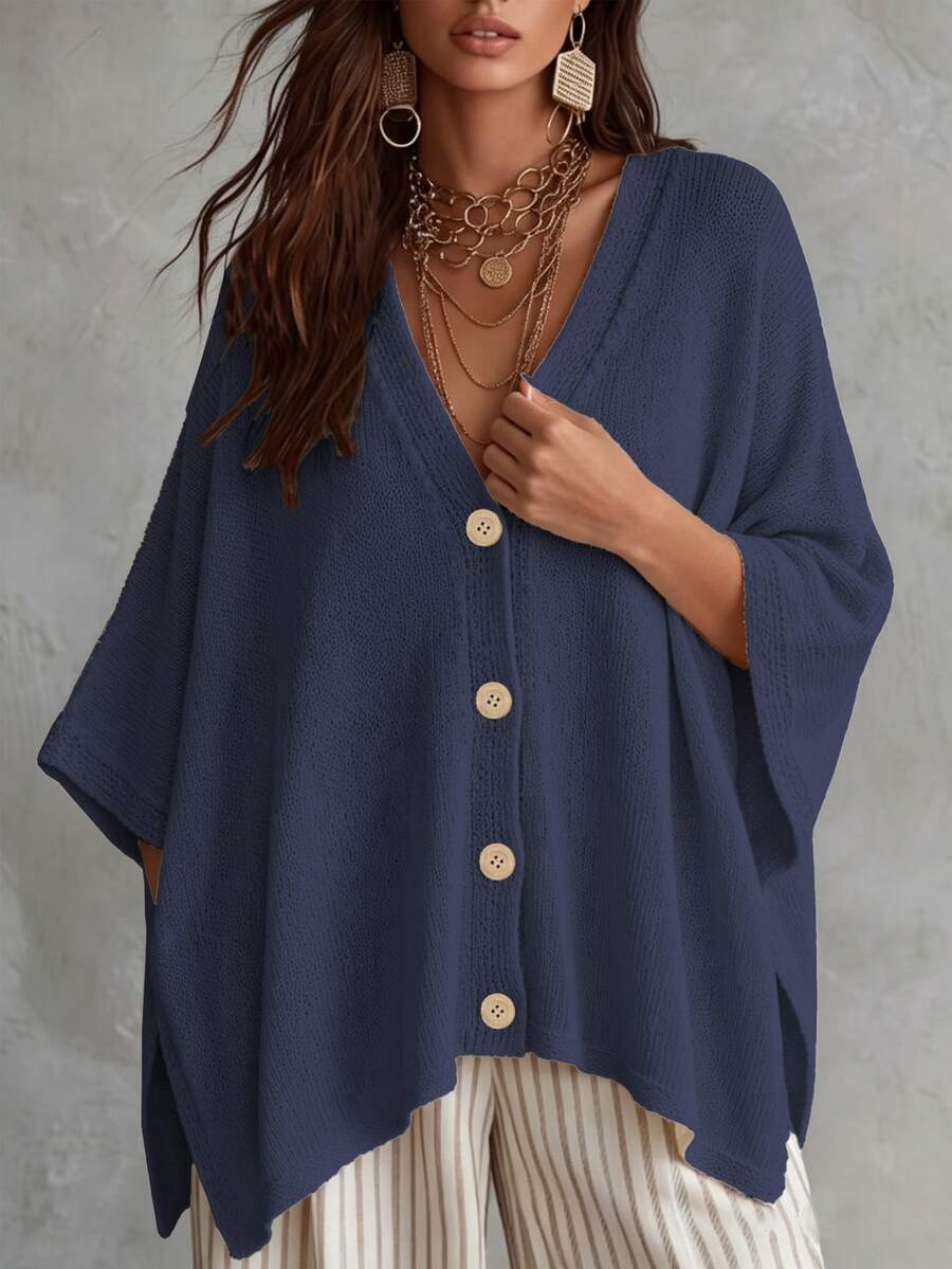 Linhara CURVE Plus Size Women's Solid Color Knit Cardigan Shawl V-Neck Metal Button Suitable For Daily Casual Boho Office Formal Vacation Navy Blue Autumn Winter - Navy Blue - View 1