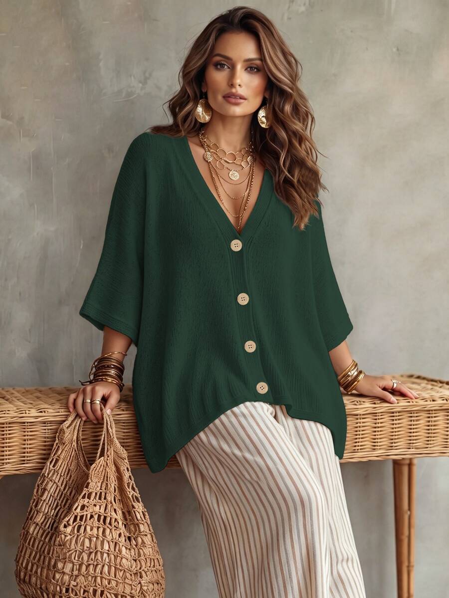 Linhara CURVE Cardigan Syal Rajut Wanita Ukuran Besar Warna Polos Leher V Kancing Logam Cocok untuk Sehari-hari Kasual Gaya Boho Kantor Formal Liburan Hijau Tua Musim Gugur Musim Dingin - Hijau - View 1