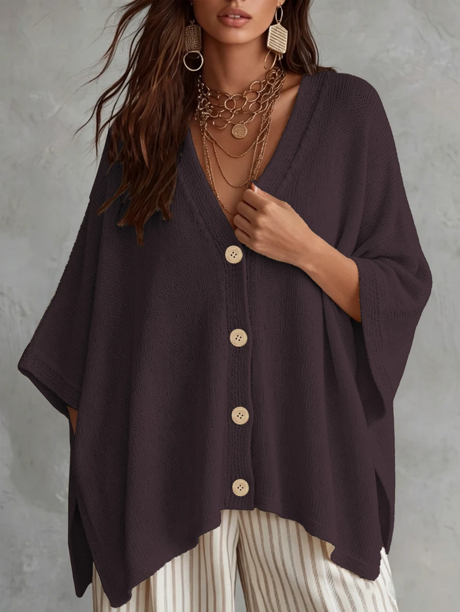 Linhara CURVE Plus Size Women's Solid Color Knit Shawl Cardigan V-Neck Metal Button Suitable For Daily Casual Office Vacation Plus Size Women's Cardigan Winter - Red Violet - View 1