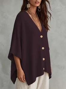 Linhara CURVE Plus Size Women's Solid Color Knit Shawl Cardigan V-Neck Metal Button Suitable For Daily Casual Office Vacation Plus Size Women's Cardigan Winter - Red Violet - View 5