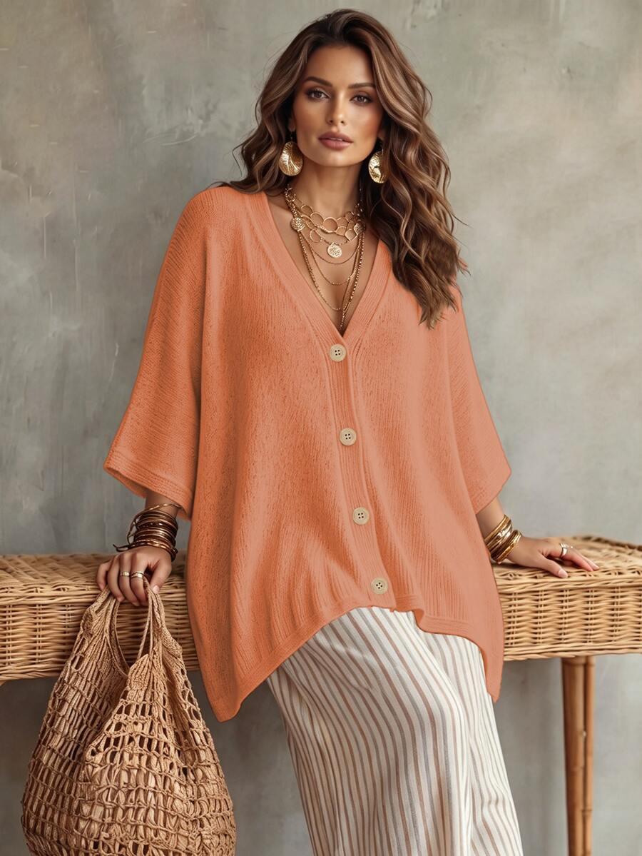 Linhara CURVE Plus Size Women Solid Color Knit Shawl Cardigan V-Neck Metal Button Suitable For Daily Casual Boho Office Holiday Thanksgiving Autumn Orange Winter - Burnt Orange - View 1