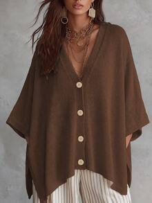 Linhara CURVE Plus Size Women Solid Color Knit Shawl Cardigan V-Neck Metal Button Suitable For Daily Casual Office Vacation Plus Size Women Cardigan Winter - Coffee Brown - View 1