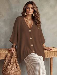 Linhara CURVE Plus Size Women Solid Color Knit Shawl Cardigan V-Neck Metal Button Suitable For Daily Casual Office Vacation Plus Size Women Cardigan Winter - Coffee Brown - View 3