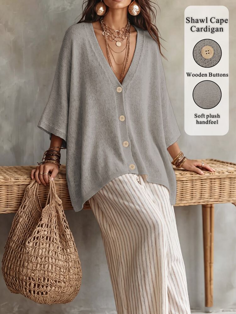 Linhara CURVE Plus Size Women Solid Color Knit Shawl Cardigan V-Neck Metal Buttons Suitable For Daily Casual Office Vacation Plus Size Women Cardigan Winter - Grey - View 7