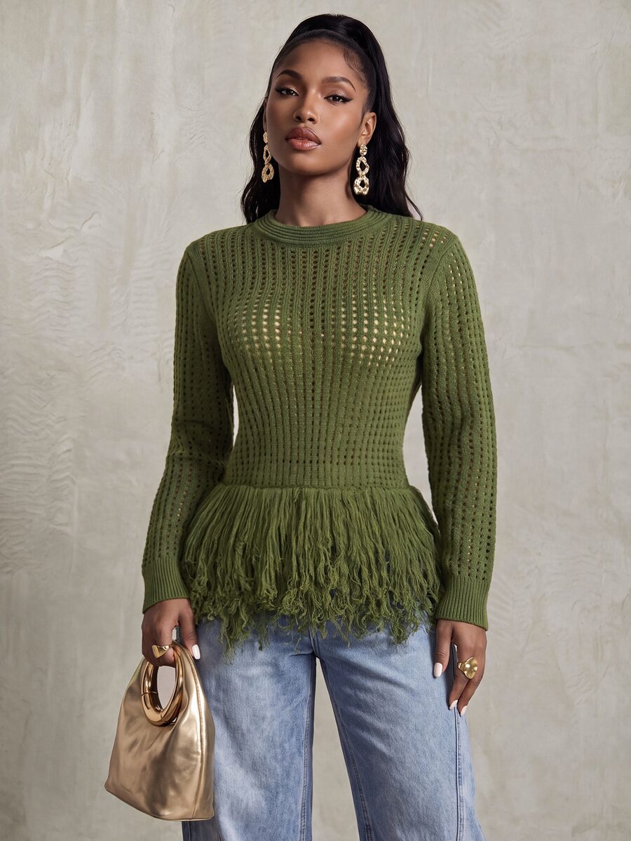 BamGlimmer Crew Neck Hollow Mesh Long Sleeve Knit Top, Niche Design Double Layer Tassel Hem Short Knit Cover-Up - Army Green - View 1
