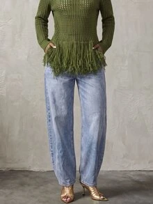 BamGlimmer Crew Neck Hollow Mesh Long Sleeve Knit Top, Niche Design Double Layer Tassel Hem Short Knit Cover-Up - Army Green - View 4