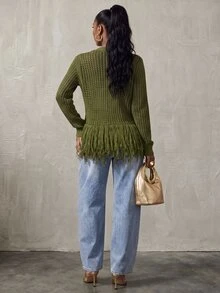 BamGlimmer Crew Neck Hollow Mesh Long Sleeve Knit Top, Niche Design Double Layer Tassel Hem Short Knit Cover-Up - Army Green - View 2