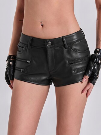 Shorts mini de PU de cintura ultra baja con decoración de cremallera, color liso versátil, estilo Y2K Punk Hot Girl