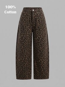 SHEIN MOD Plus Size Women's Leopard Print Flared Leg Jeans - Multicolor - View 1