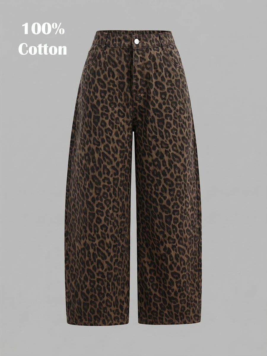 SHEIN MOD Plus Size Women's Leopard Print Flared Leg Jeans - Multicolor - View 1