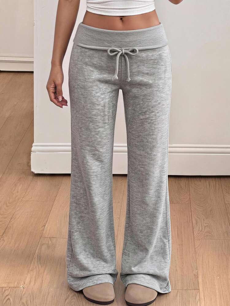 Tween Girls Knit Gray Kids Waistband Fold-Over Casual Drawstring Long Pants - Grey - View 1