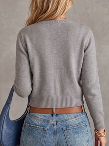SHEIN 新款秋季簡約學院風復古菱格紋針織開襟衫 女款圓領門襟鈕扣修身版型 教師節 辦公室 校園 灰色 - 灰色 - 查看 3