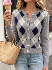 SHEIN 新款秋季簡約學院風復古菱格紋針織開襟衫 女款圓領門襟鈕扣修身版型 教師節 辦公室 校園 灰色 - 灰色 - 查看 5