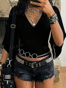 EgrlEra 女士性感深V领修身复古针织T恤 - 黑色 - 查看 3
