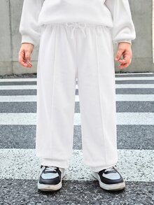 SHEIN Bubblio 兒童小男孩純色抽繩腰寬腿寬鬆休閒運動長褲 - 白色 - 查看 5