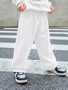SHEIN Bubblio 兒童小男孩純色抽繩腰寬腿寬鬆休閒運動長褲 - 白色 - 查看 8
