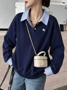 SHEIN 青少年女孩極簡風假分層長袖衛衣，襯衫領設計，適合秋冬街頭風或休閒學院風穿搭 - 藏蓝色 - 查看 4