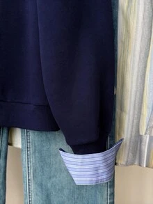 SHEIN 青少年女孩極簡風假分層長袖衛衣，襯衫領設計，適合秋冬街頭風或休閒學院風穿搭 - 藏蓝色 - 查看 6