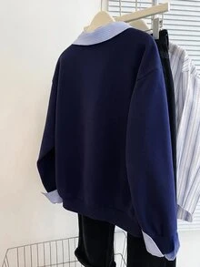 SHEIN 青少年女孩極簡風假分層長袖衛衣，襯衫領設計，適合秋冬街頭風或休閒學院風穿搭 - 藏蓝色 - 查看 2