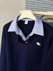 SHEIN 青少年女孩極簡風假分層長袖衛衣，襯衫領設計，適合秋冬街頭風或休閒學院風穿搭 - 藏蓝色 - 查看 5