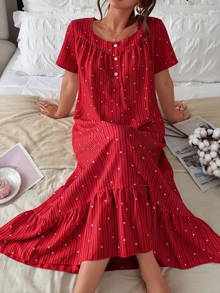 Napfluff Red & Black Striped Heart Print Ruffle Trim Loose Fit Short Sleeve Mid-Length Women's Nightgown - Red - View 4