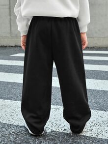 SHEIN Bubblio Kids Young Boy Solid Color Drawstring Waist Wide Leg Loose Casual Sweatpants - Black - View 2