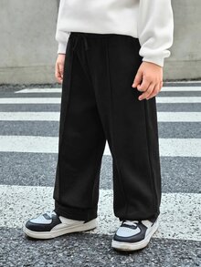 SHEIN Bubblio Kids Young Boy Solid Color Drawstring Waist Wide Leg Loose Casual Sweatpants - Black - View 4