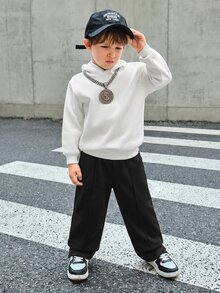 SHEIN Bubblio Kids Young Boy Solid Color Drawstring Waist Wide Leg Loose Casual Sweatpants - Black - View 3