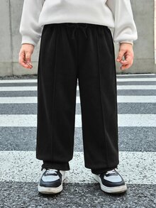 SHEIN Bubblio Kids Young Boy Solid Color Drawstring Waist Wide Leg Loose Casual Sweatpants - Black - View 5
