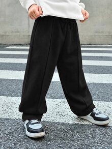 SHEIN Bubblio Kids Young Boy Solid Color Drawstring Waist Wide Leg Loose Casual Sweatpants - Black - View 8