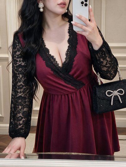 Vibekara Elegant Fashion Burgundy V-Neck Lace Patchwork Dress, Cinched Waist, Belly-Flattering, Slimming, Long Sleeve, Cross V-Neck, A-Line Skirt