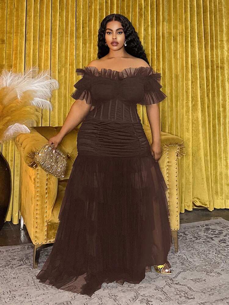 Veslaya Plus Size Women's Brown Summer Country Elegant Wedding Guest Mesh Dress,Off Shoulder Ruched Bohemian Sheer Elastic Waist Beach Music Festival Gown - Brown - View 5