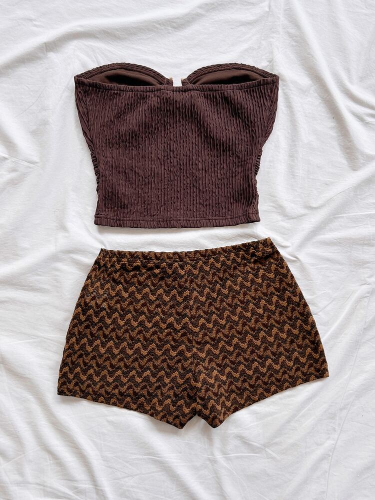 Soleia Women's Dark Brown Textured Cropped Tube Top With Metal Buckle Decor Super Short Casual Tropical Sexy Set Beach Vacation Club Summer Chocolate Brown - Brown - View 2
