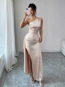 Elenzga Sleeveless Asymmetrical Neck Champagne Pink Knitted Fabric A Line Midi Dress For Party Dinner With Slit Hem Wedding Summer Sexy - Champagne - View 7