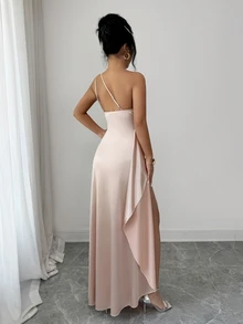 Elenzga Sleeveless Asymmetrical Neck Champagne Pink Knitted Fabric A Line Midi Dress For Party Dinner With Slit Hem Wedding Summer Sexy - Champagne - View 2