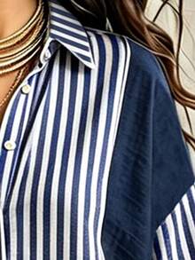 Linhara Plus Size Women's Autumn Striped Colorblock 2 Pieces Set, Lapel Button Loose Shirt With High Waist Wide Leg Pants, Suitable For Daily, Vacation, Office Wear - Multicolor - View 4