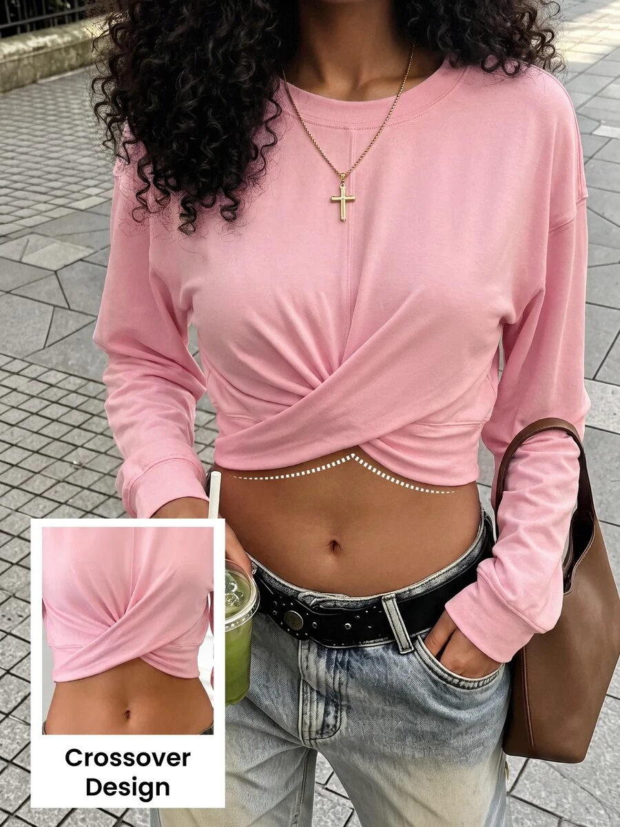 Rovax Sweatshirt Wanita Polos Berlipit Kasual untuk Pemakaian Sehari-hari dengan Kerah Bulat - Berwarna merah muda - View 1