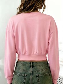 Rovax Sweatshirt Wanita Polos Berlipit Kasual untuk Pemakaian Sehari-hari dengan Kerah Bulat - Berwarna merah muda - View 2
