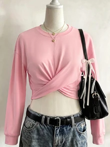 Rovax Sweatshirt Wanita Polos Berlipit Kasual untuk Pemakaian Sehari-hari dengan Kerah Bulat - Berwarna merah muda - View 3