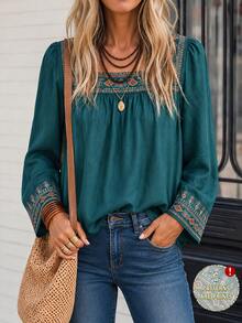 LanaWest Women's Long Sleeve Square Neck Print Dark Green Blouse - Dark Green - View 4