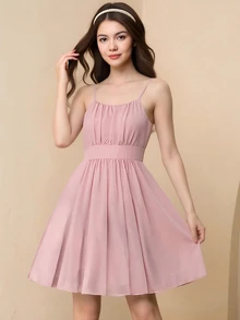 SHEIN 少女纯色简约吊带连衣裙 - 粉色 - 查看 7