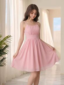 SHEIN 少女纯色简约吊带连衣裙 - 粉色 - 查看 1