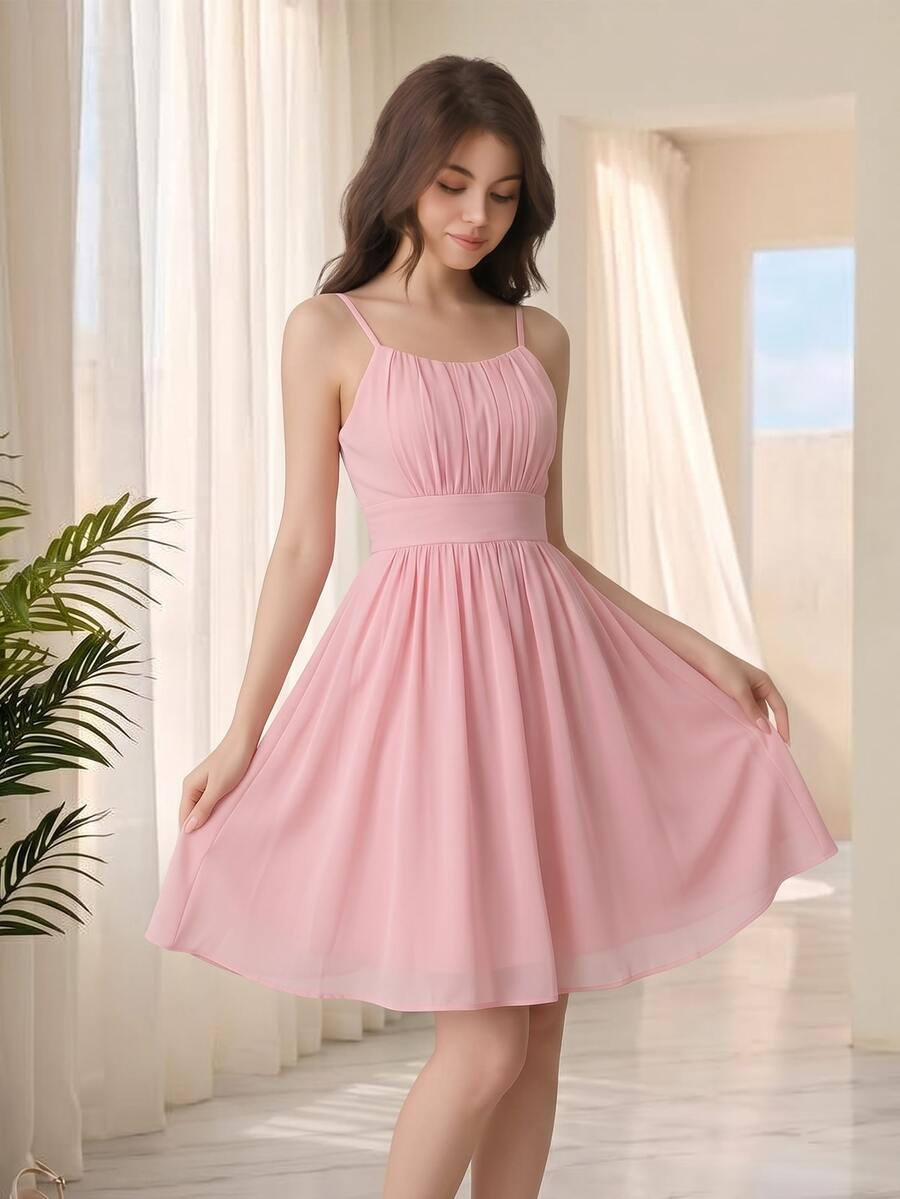 SHEIN 少女纯色简约吊带连衣裙 - 粉色 - 查看 1