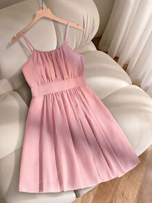 SHEIN 少女纯色简约吊带连衣裙 - 粉色 - 查看 3