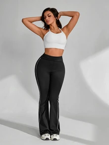 Slayform Slayform Women's Colorblock Pleated Slim Fit Flare Leg Casual Sports Long Pants - Black - View 4