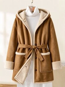 Linhara Plus Size Women's Colorblock Waist Knot Hooded Faux Fur Jacket Winter - Khaki - View 3